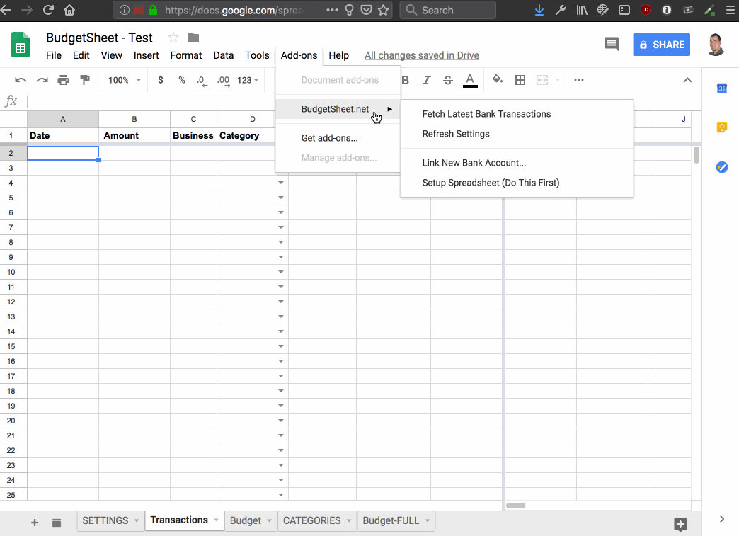 GIF of BudgetSheet fetching new bank transaction data within a user specified date range